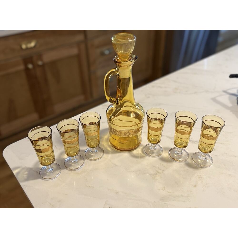 Vintage Italian Amber Glass Decanter w/ Gold Overlay 6 Pedestal Glasses